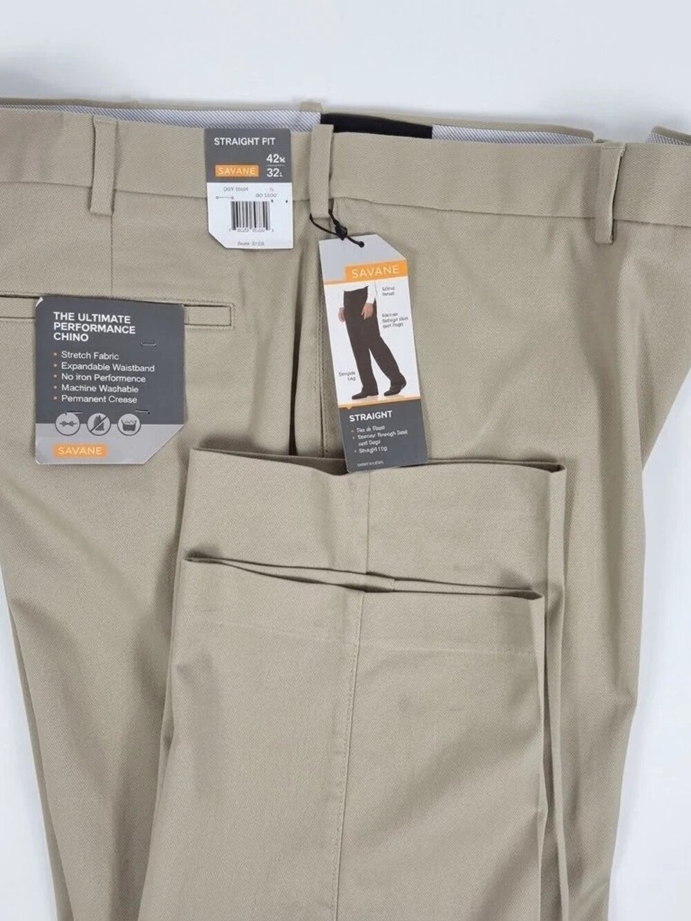 NEW Savane Men's 42x32 Khaki Pants Straight Fit Chino Stretch No Iron